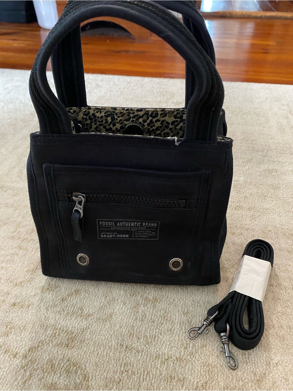 Vintage Fossil Black Canvas Mini Tote with Detachable Strap